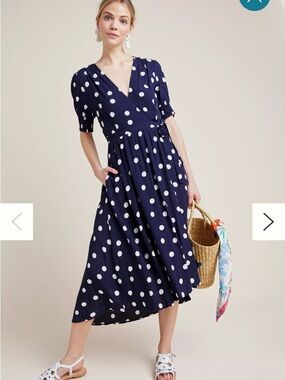 Maeve Navy Polka Dot Wrap Midi Dress - White Dot